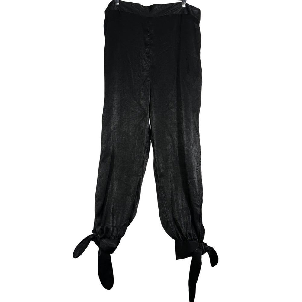 SONCY Plus Size Black Satin Wide Leg‎ Pants Tie Ankle Smocked Waist Size 18/20